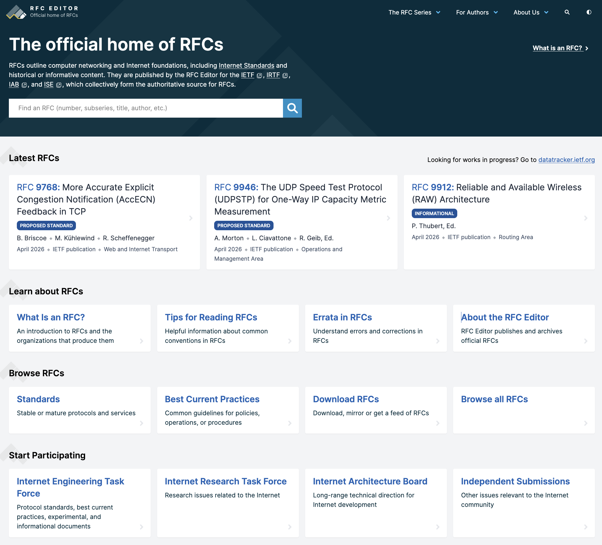 screenshot of www.rfc-editor.org update in May 2026
